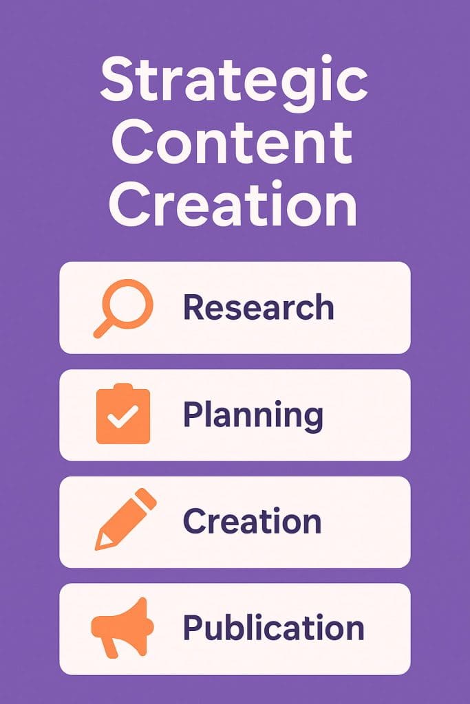 Purple background with white text saying "Strategic Content Creation." Four orange icons and words: "Research," "Planning," "Creation," "Publication."